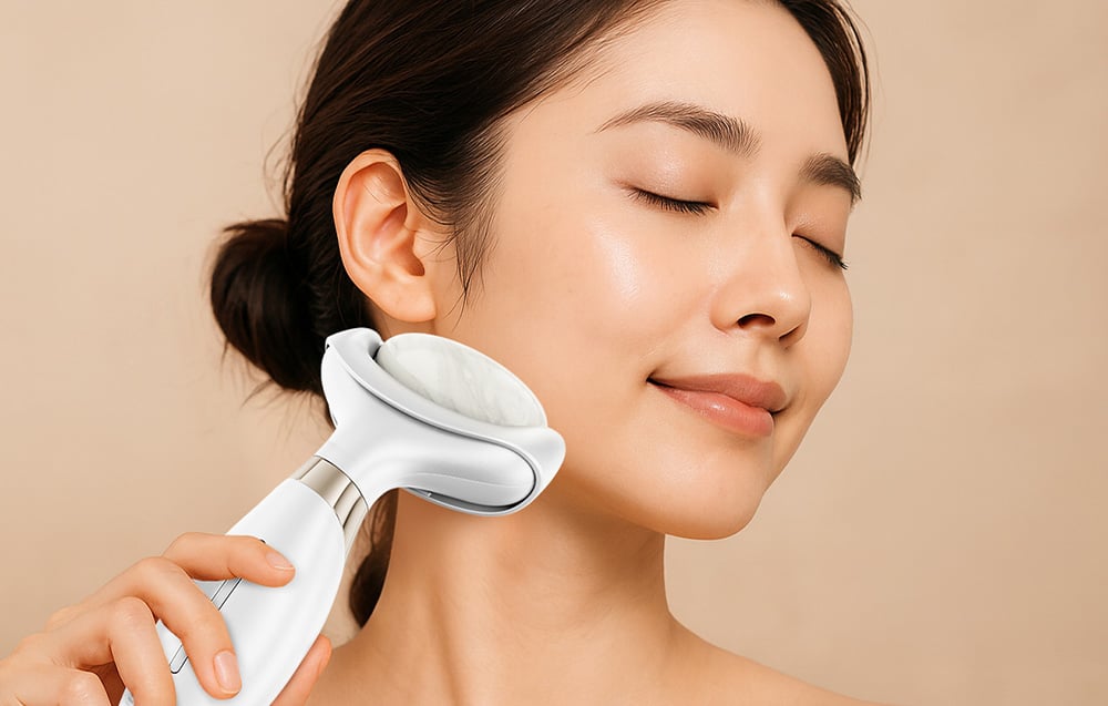 Femme les yeux fermés utilisant la tête en marbre de l'appareil sur sa mâchoire