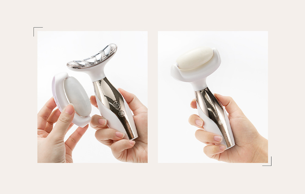 Gros plan de mains tenant l'appareil et une tête en marbre remplaçable séparée