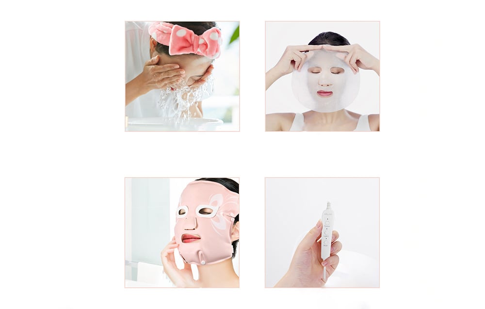 Quatre images montrant le processus d'application et d'utilisation des masques cosmétiques