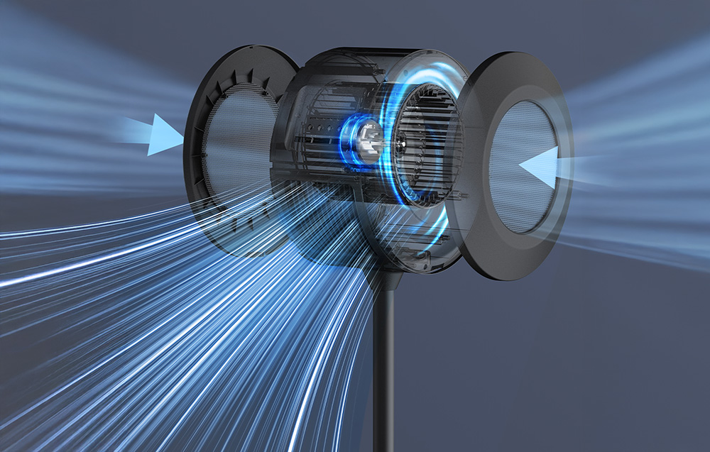 Coupe transversale du ventilateur avec illumination bleue et jets d'air
