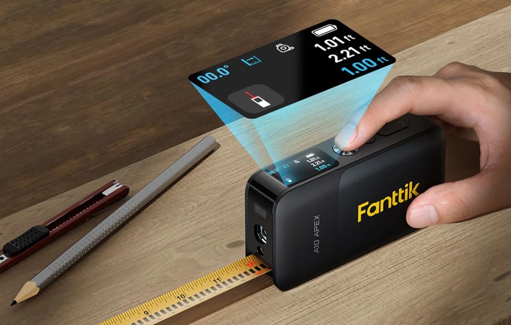 Mètre laser 3-en-1 avec affichage LED sur bureau