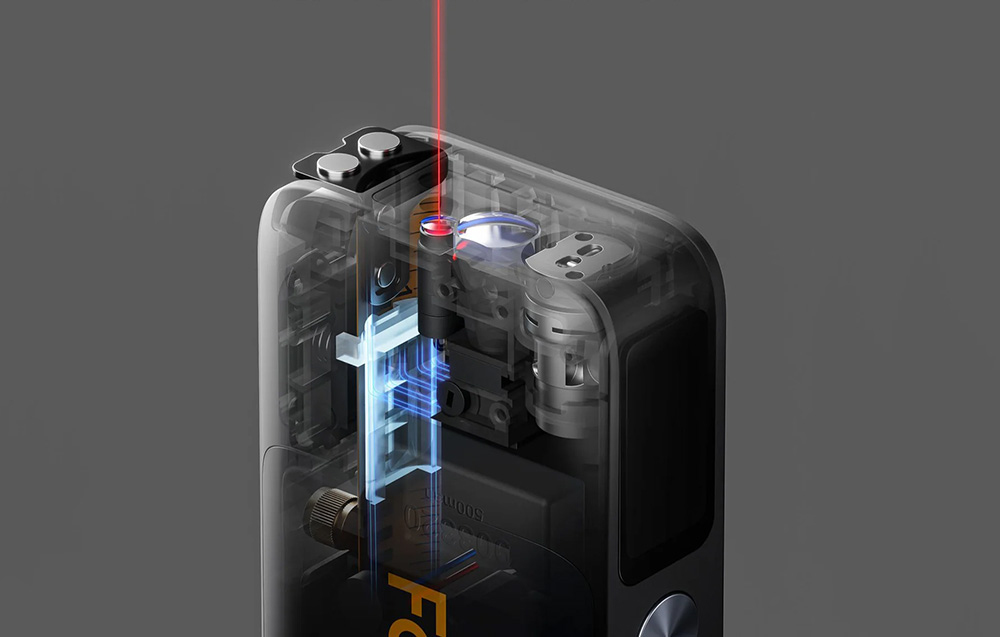 Mètre laser 2-en-1 sur fond gris