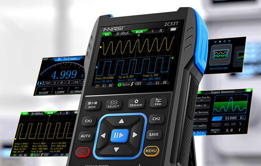 L'instrument de mesure avec un affichage de forme d'onde et des boutons est entouré d'écrans flottants montrant des fonctions de mesure supplémentaires.