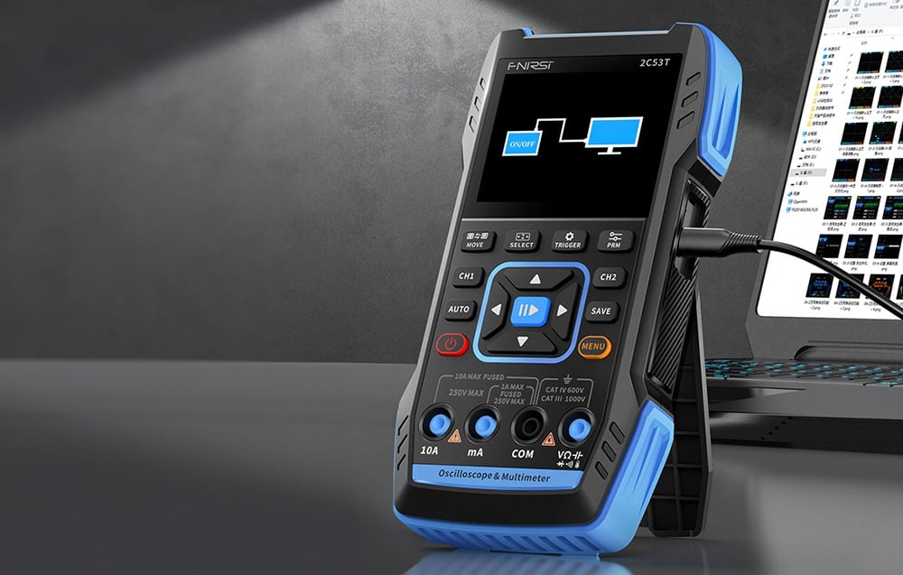 Appareil de mesure avec écran connecté par un câble à un ordinateur portable, schéma de connexion à l'écran.