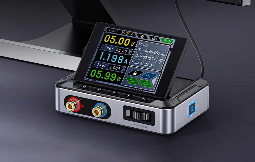 La photo montre une alimentation de laboratoire mini avec un affichage rotatif.