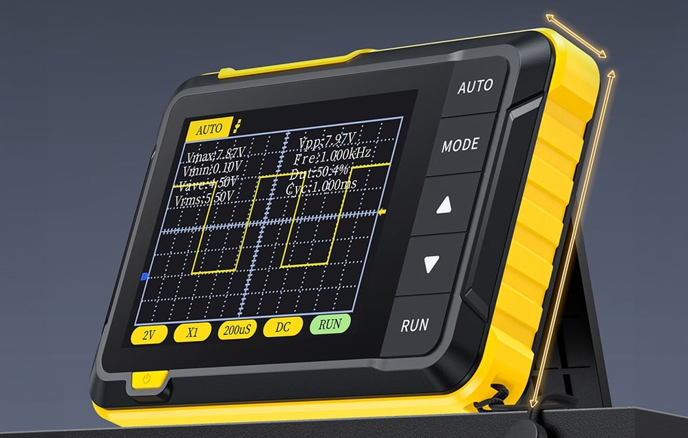 Przyrząd pomiarowy z kolorowym wykresem fal ustawiony pod kątem z widocznymi przyciskami bocznymi i żółtą obudową.