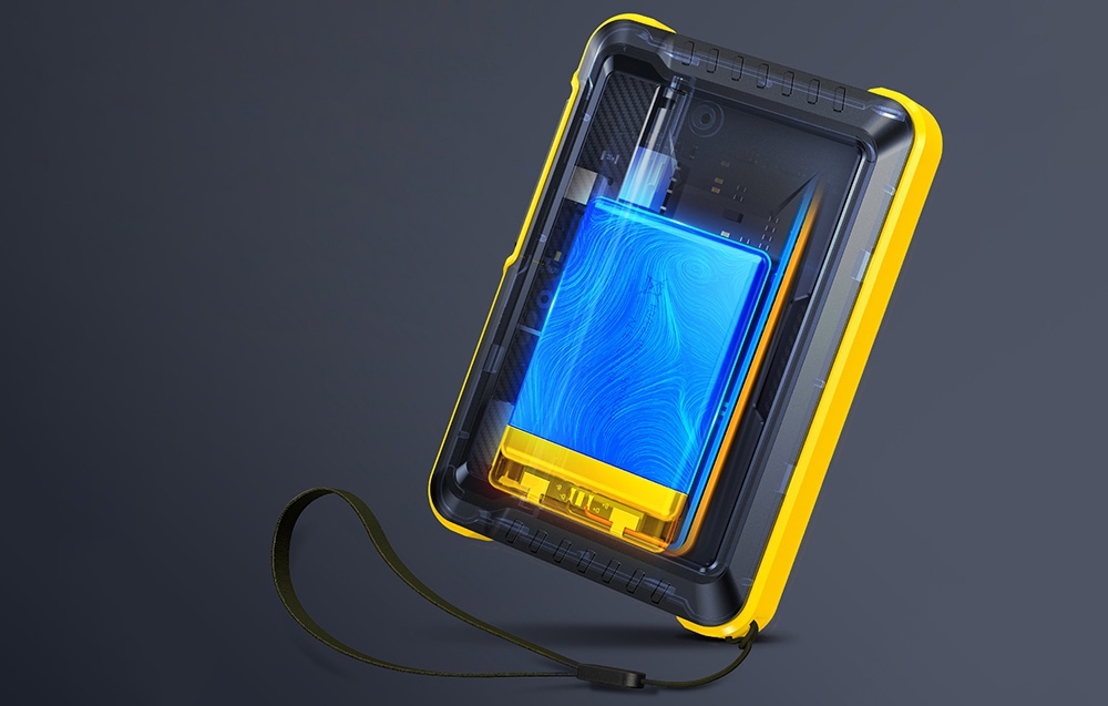 Widok wnętrza urządzenia z przezroczystą obudową, pokazujący niebieski akumulator i żółte elementy mocujące.