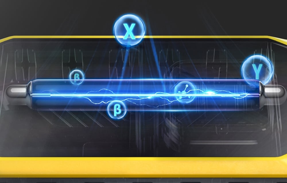 Graphique avec un tube de détection montrant le flux de particules bleues et des symboles X, Y, β indiquant les types de radiation détectés.