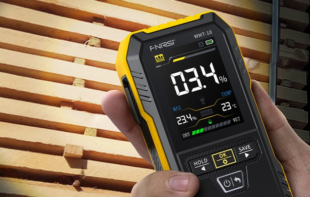 Zbliżenie na indukcyjny miernik wilgotności FNIRSI WMT-10