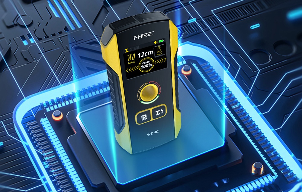 Détecteur de câbles FNIRSI présenté sur un graphique futuriste