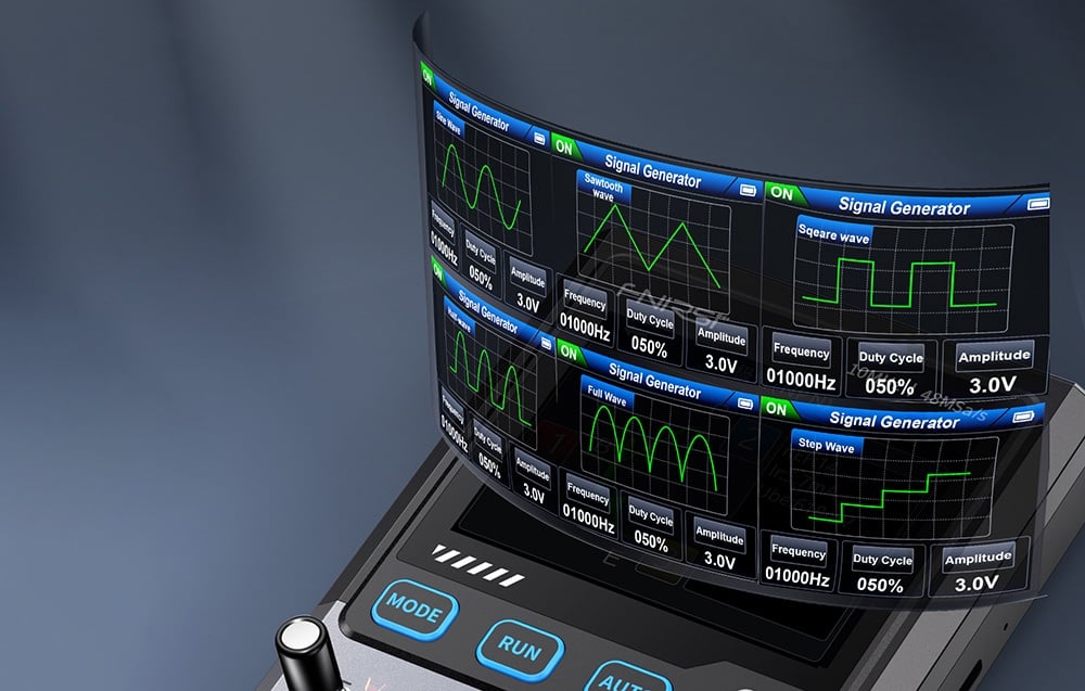 Gros plan sur l'écran de l'oscilloscope avec les résultats des mesures.