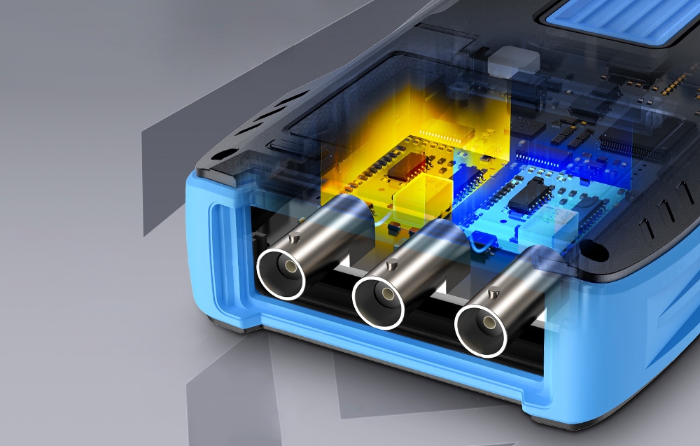 Gros plan sur les entrées de l'oscilloscope FNIRSI 2C23T