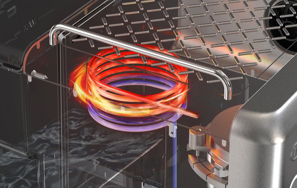 Visualisation de l'intérieur de la machine à café montrant le système de chauffage Thermoblock et la bobine chauffant l'eau à l'intérieur de l'appareil.