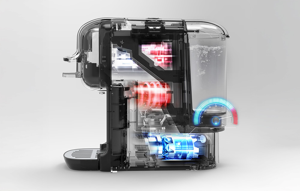 Diagramme de l'intérieur de la machine à café HiBREW montrant le système de chauffage et la pompe à pression.