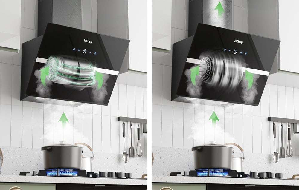 Diagramme montrant le flux d'air de la hotte IsEasy avec marquages graphiques de ventilation