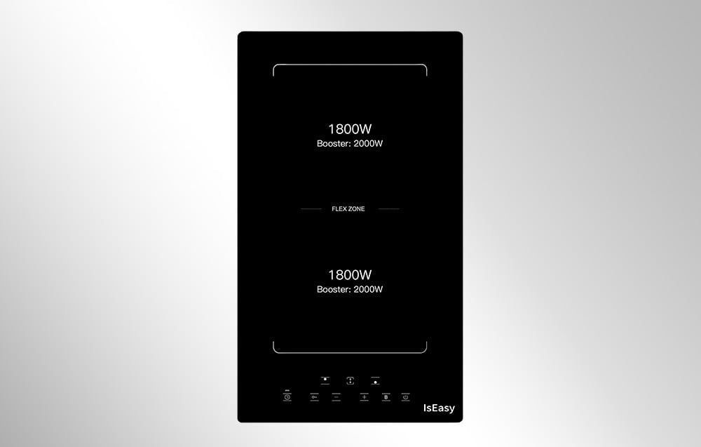 Plaque à induction noire avec deux zones de cuisson sur fond gris