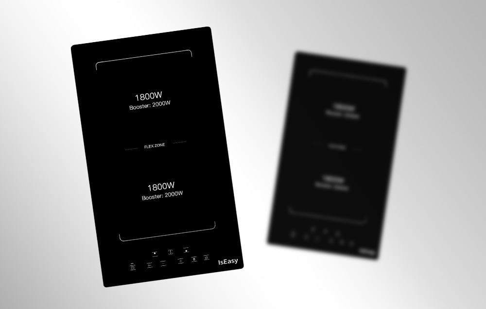 Deux plaques à induction IsEasy noires montrées de face et de côté sur fond gris
