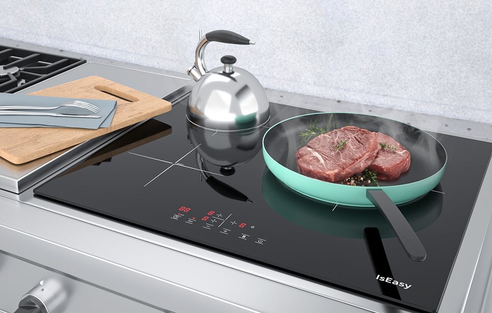 Plaque à induction IsEasy avec bouilloire en inox et poêle de viande crue turquoise