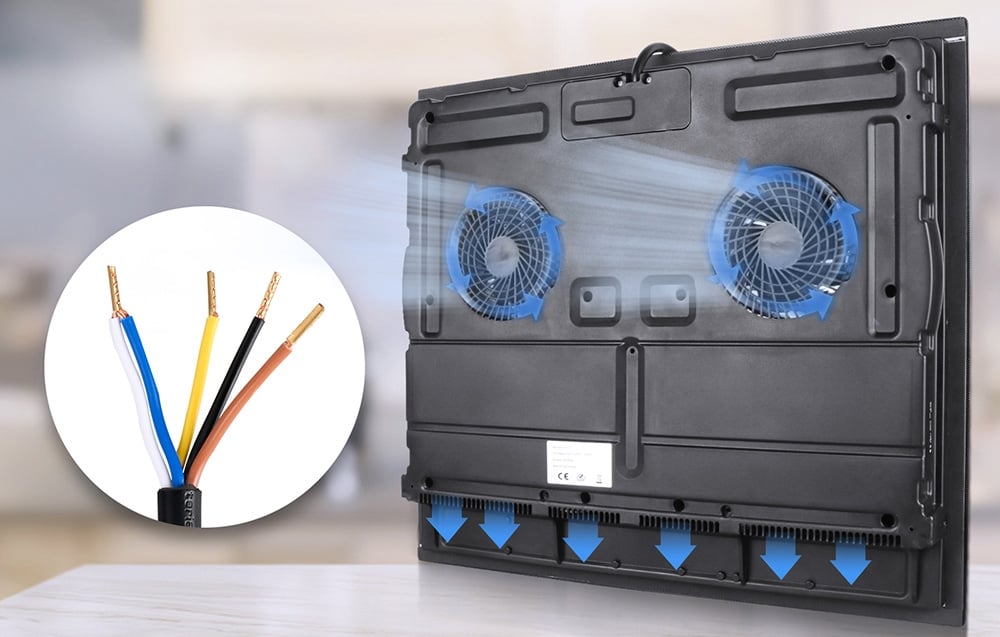 Le dessous d'une plaque à induction avec ventilateurs de refroidissement bleus et gros plan sur des câbles électriques colorés