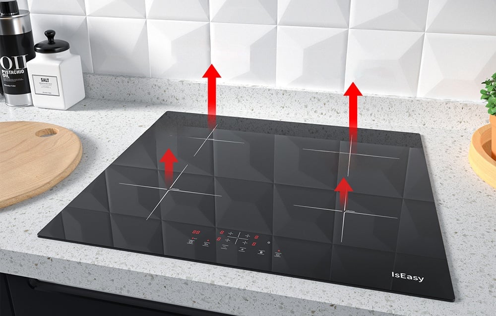 Plaque à induction IsEasy noire avec flèches rouges indiquant les quatre zones de cuisson