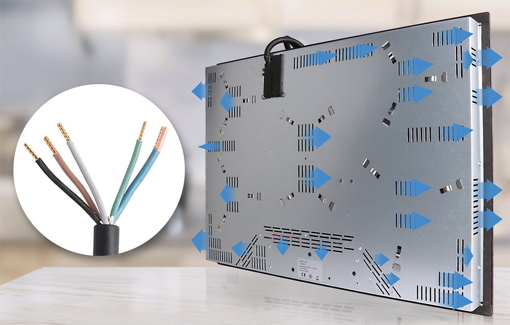 Le dessous de la plaque à induction avec des flèches bleues montrant la circulation de l'air et un gros plan des câbles