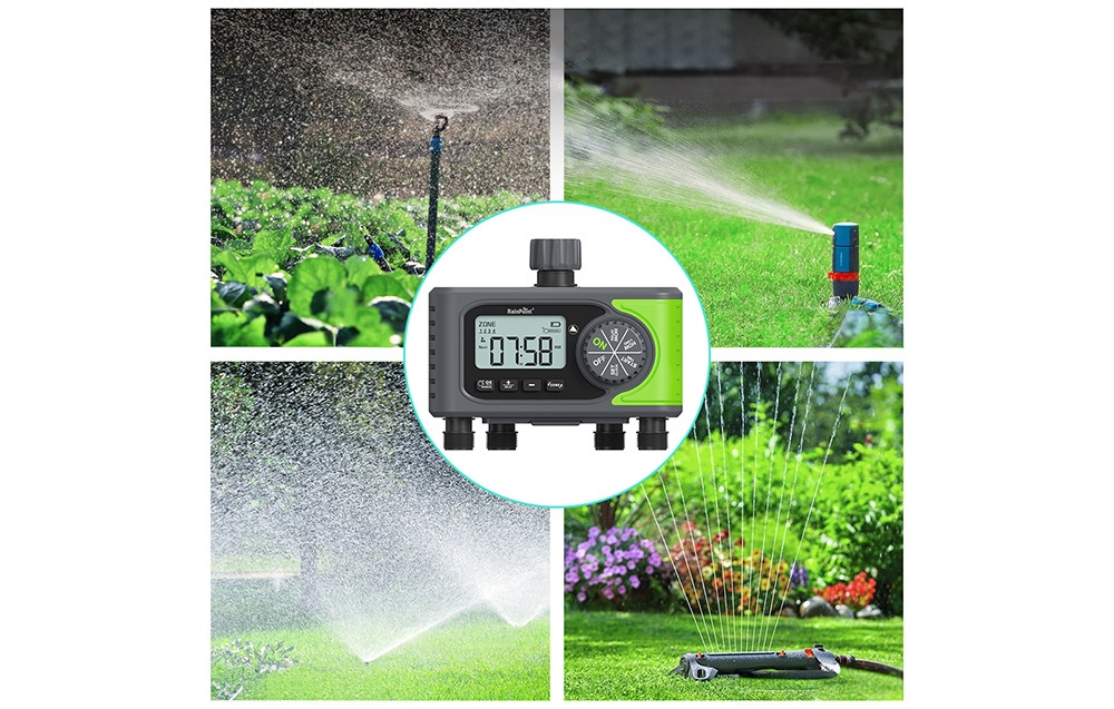 Composition d'images avec quatre types d'arroseurs et le contrôleur RainPoint au centre