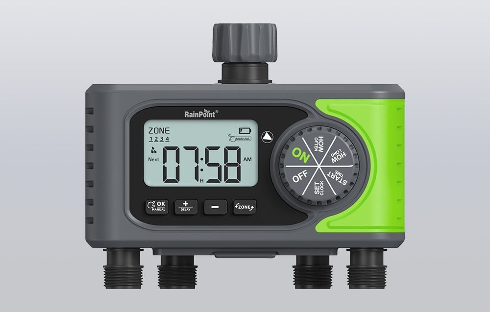Vue de face du contrôleur d'arrosage 4 zones RainPoint sur fond gris