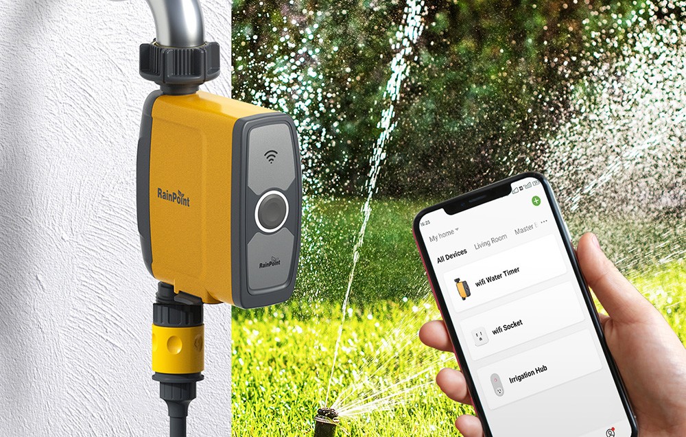 Contrôleur d'irrigation RainPoint connecté à un smartphone via une application.