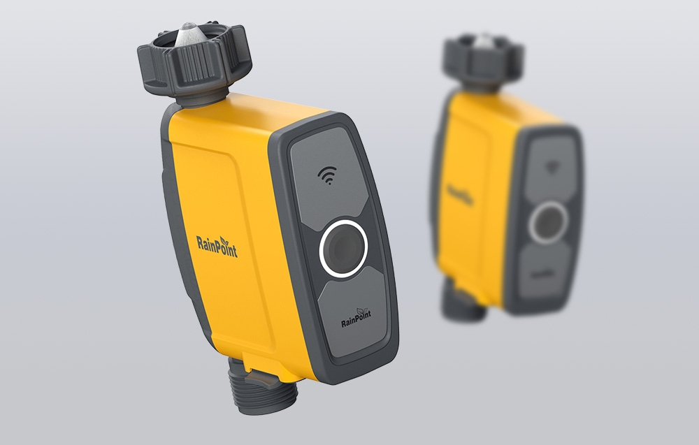 Contrôleur d'irrigation RainPoint avec le même modèle en arrière-plan.