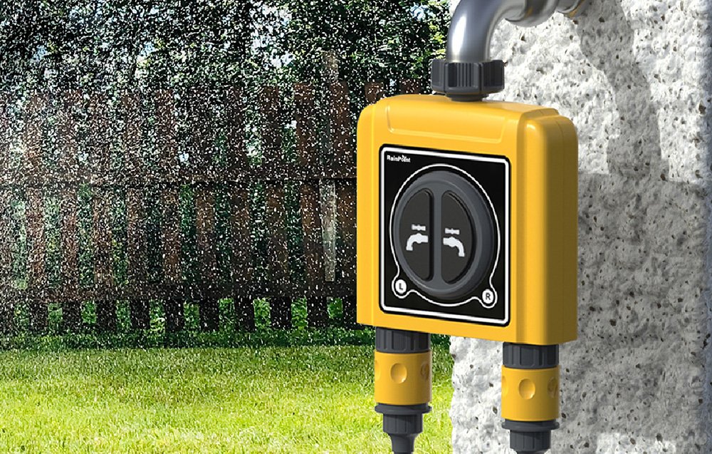 Contrôleur d'irrigation RainPoint avec des gouttes d'eau dessus.