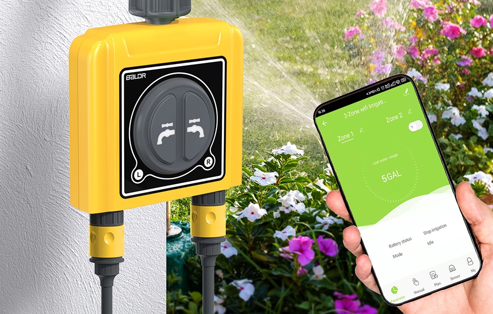 Contrôleur d'irrigation RainPoint connecté à un smartphone via une application.