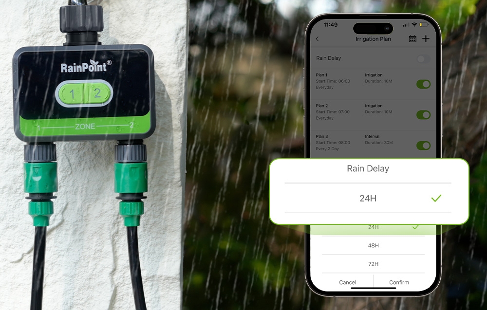 Contrôleur d'irrigation RainPoint monté sur un mur blanc, à côté se trouve un smartphone affichant les fonctions de l'application.