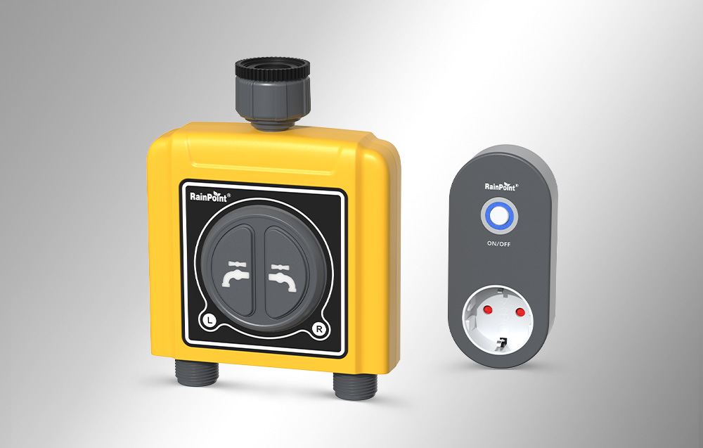 Contrôleur d'irrigation RainPoint à côté d'une passerelle Wi-Fi sur un fond gris.