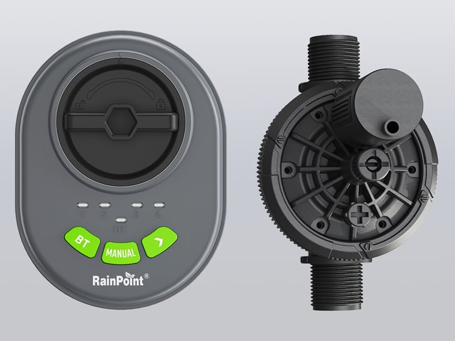 Vues de dessus et de face du contrôleur RainPoint et d'une seule vanne solénoïde.