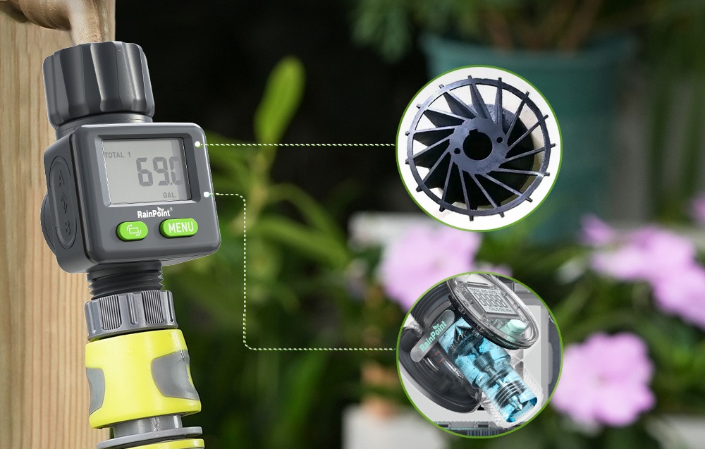 Détail du compteur RainPoint monté sur le robinet.