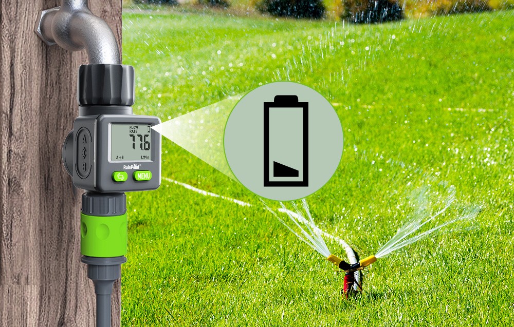 Compteur RainPoint affichant le débit d'eau en litres par minute.