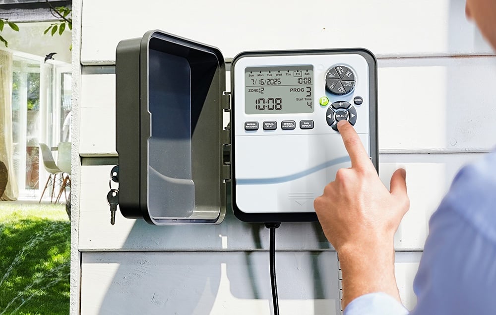 Personne utilisant le contrôleur RainPoint monté au mur, avec le couvercle ouvert et le panneau de contrôle visible.