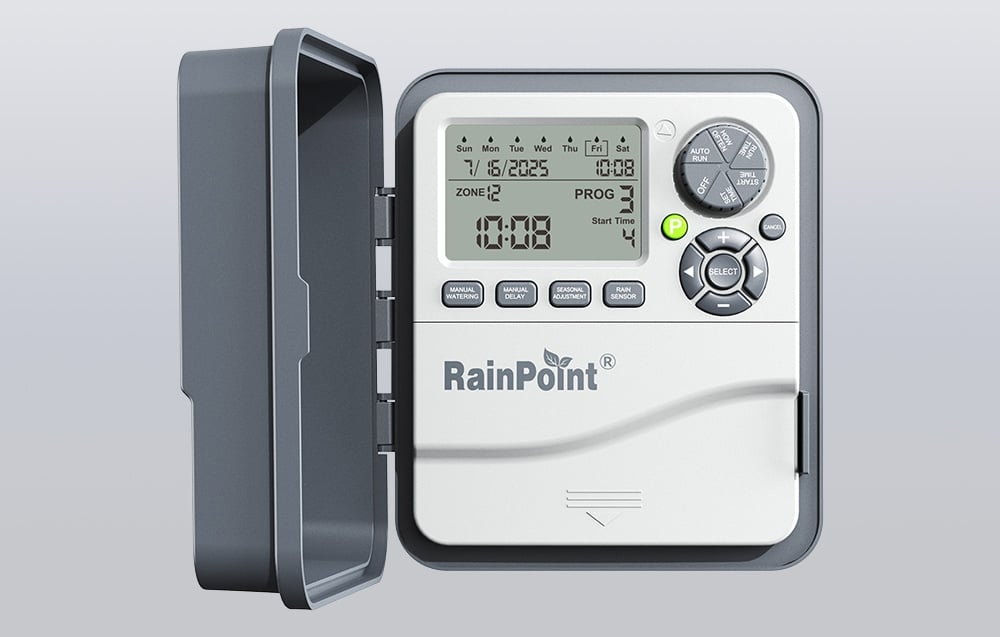 Contrôleur d'irrigation RainPoint avec couvercle ouvert, écran LCD et boutons de contrôle visibles.