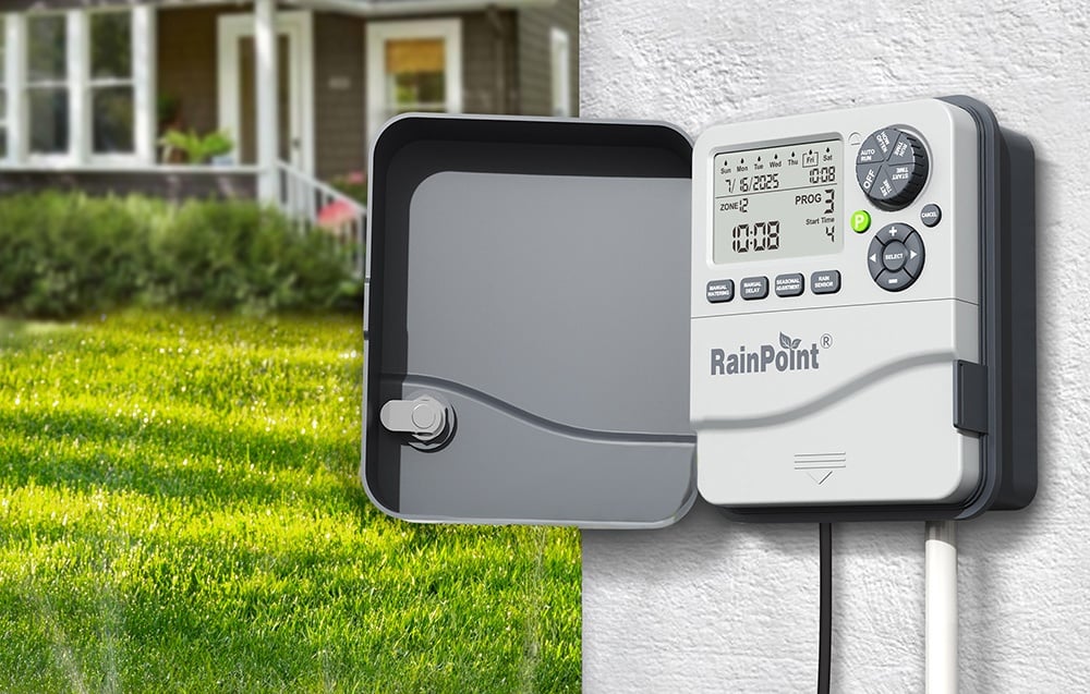 Contrôleur RainPoint avec couvercle ouvert monté au mur de la maison, surplombant la pelouse.