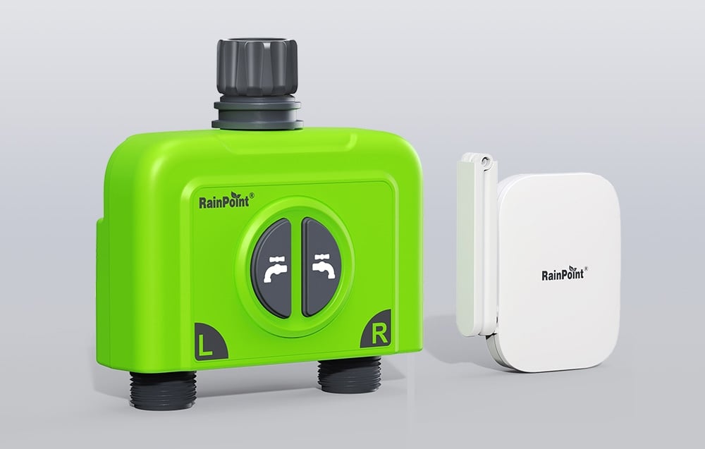 Contrôleur d'irrigation RainPoint et passerelle Wi-Fi sur fond blanc.