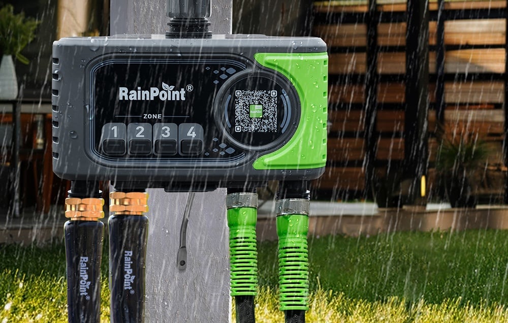 Contrôleur d'irrigation RainPoint avec des gouttes de pluie dessus