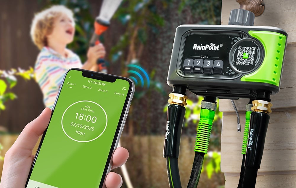 Contrôleur d'irrigation RainPoint connecté à un smartphone via Wi-Fi