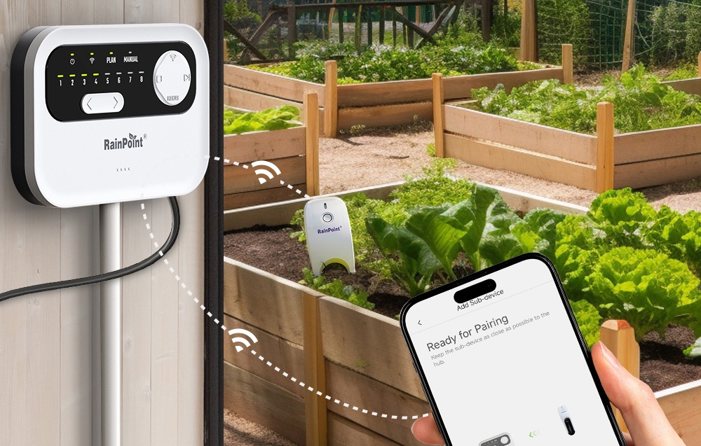 Contrôleur d'arrosage RainPoint se connectant à une application smartphone via Wi-Fi.