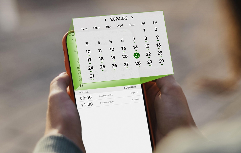 Un smartphone affichant un calendrier d'irrigation via l'application RainPoint Home.