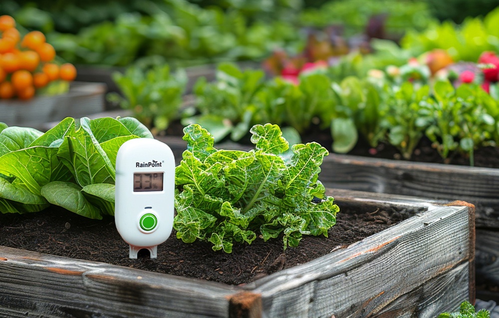 Capteur RainPoint placé dans une jardinière avec des légumes feuillus.