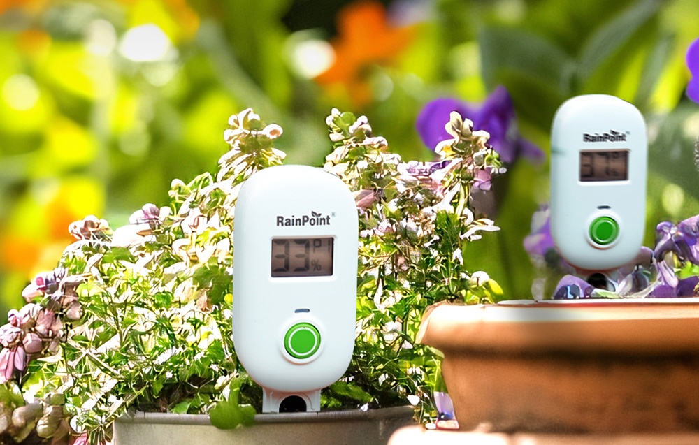 Deux capteurs d'humidité RainPoint placés dans des pots de fleurs avec un arrière-plan de jardin coloré.