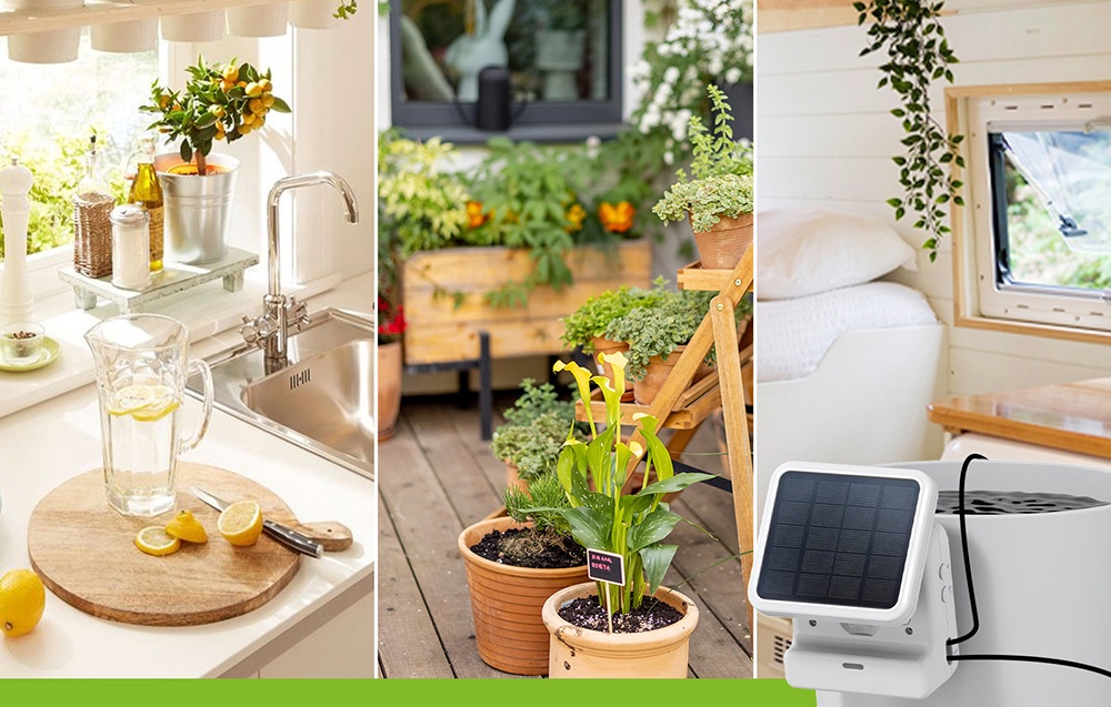 Collage de couleurs montrant l'utilisation du système RainPoint dans la cuisine, le jardin et l'intérieur de la maison