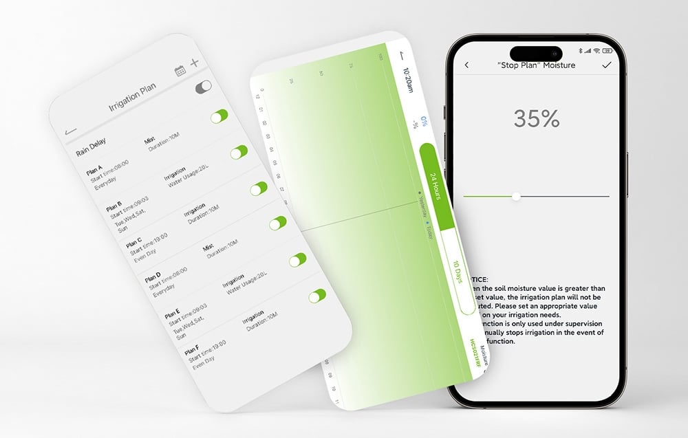 Interface de l'application mobile pour gérer le calendrier d'irrigation et l'humidité du sol