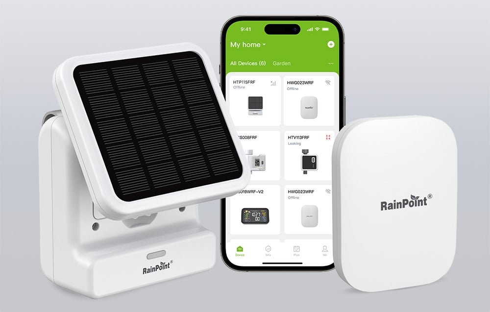 Kit RainPoint composé d'un panneau solaire, d'une passerelle et d'une application mobile sur smartphone