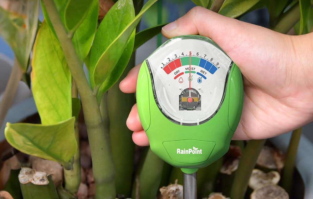 Gros plan sur un testeur d'humidité RainPoint tenu à la main dans un pot de plantes vertes